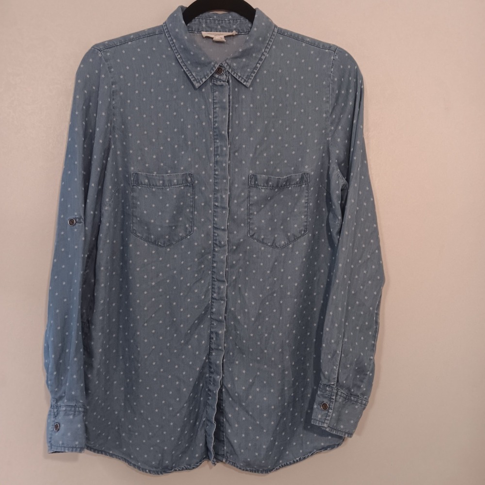 BeachLunchLounge Collection Blue Chambray Star‎ Print Button Women's Size S